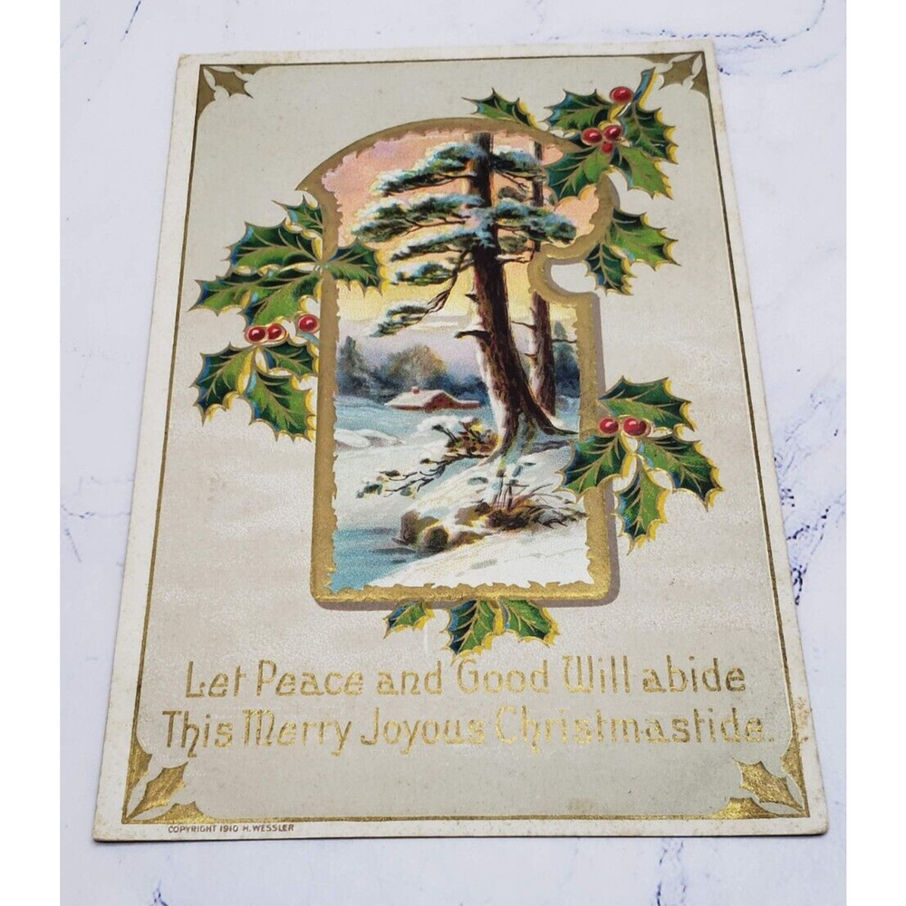 H. Wessler Christmas Winter Scene With Hollys Embossed Postcard